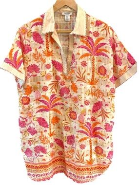 Haute Hippie Fuego tropical print too pink orange palm trees parrot tunic top s